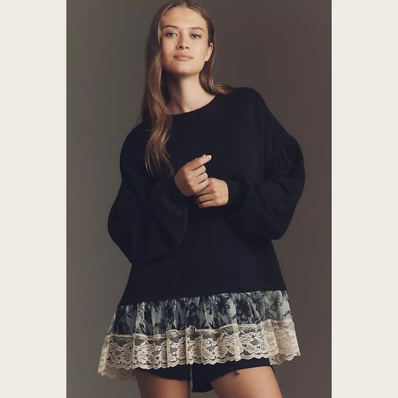 By Anthropologie Tulle-Hem Pullover Sweatshirt Top Cotton Black Lace M 283961